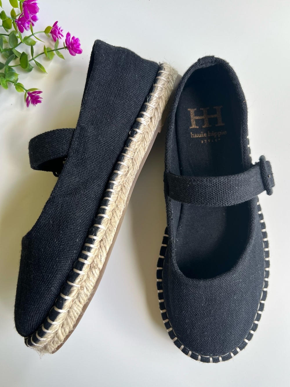 Haute Hippie Cecily Black Cotton Canvas Mary Jane Buckle Strap Espadrille Flats